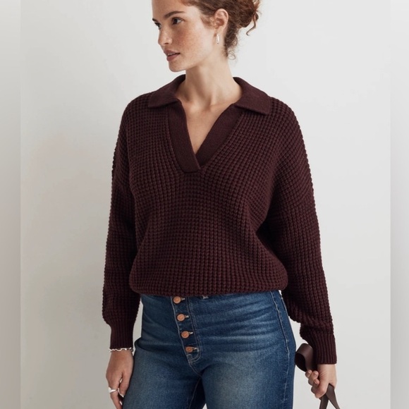 Madewell Sweaters - Madewell waffle knit burgundy wool blend Henley sweater